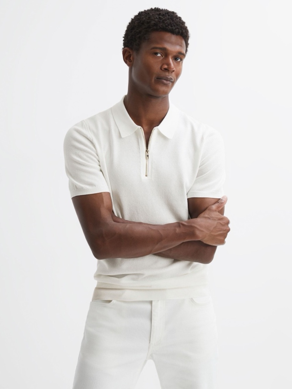 NWT Reiss Fizz White Short-Sleeve Zip Polo Shirt